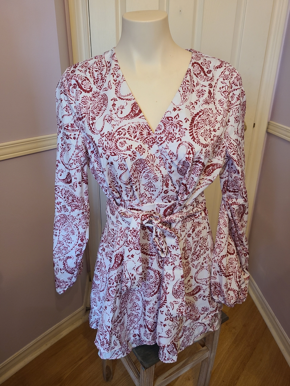 2XL White Romper with Burgundy Floral Paisley Print